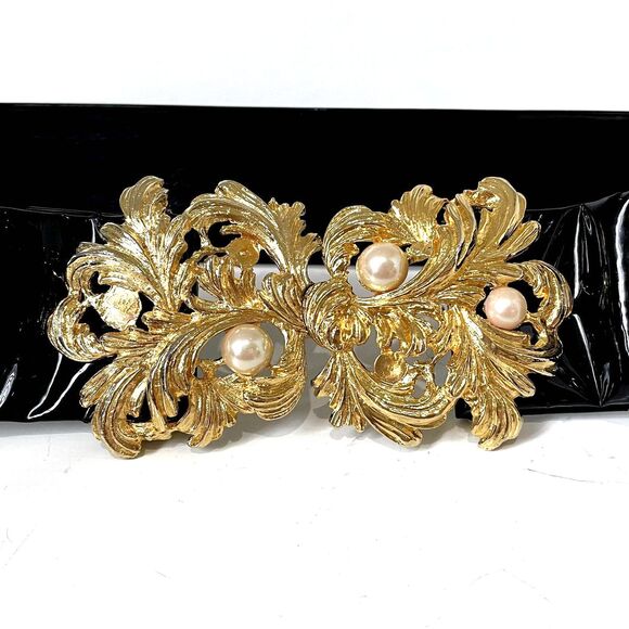 Vtg Mimi Di N Signed 1987 Gold Tone 2 Piece Leaves Faux Pearl Buckle Belt 34.5" - Picture 9 of 9